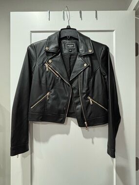GUESS Black Faux Leather Biker Jacket with Gold Hardware